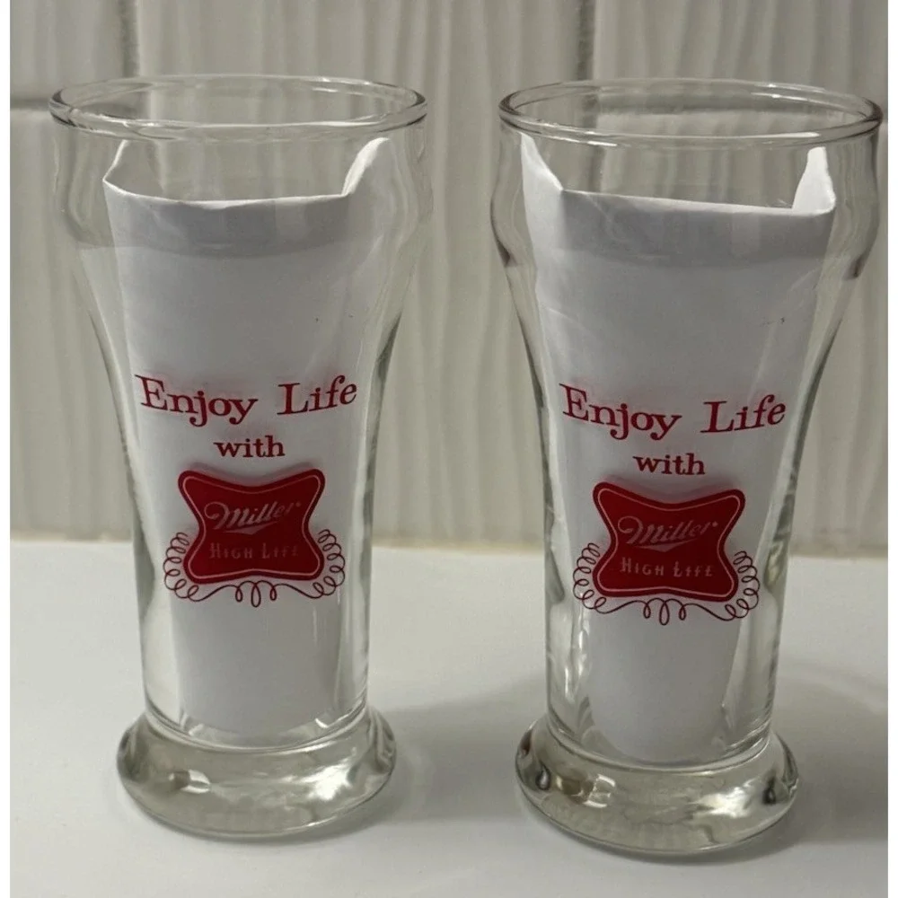 Miller High Life Collectible Beer Glass Red Logo Lot 2 Breweriana Barware MCM